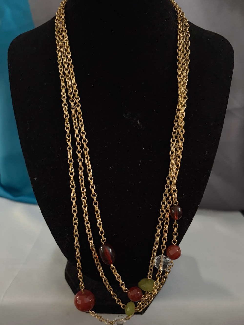 Liz Clairborne Multi-Strand Gold Tone Necklace with Red and Green Beads